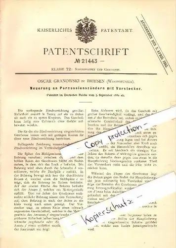 Original Patent - Oscar Granowski in Briesen / Wabrzezno , 1882 , Percussionszünder , Munition , Granate !!!