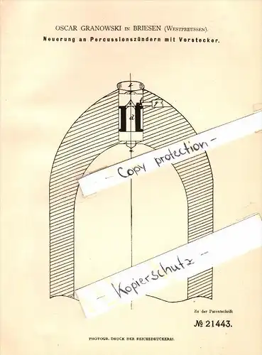 Original Patent - Oscar Granowski in Briesen / Wabrzezno , 1882 , Percussionszünder , Munition , Granate !!!