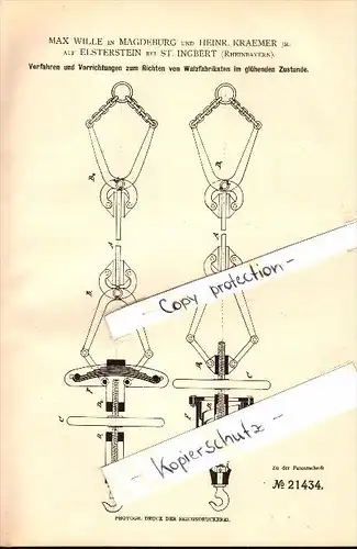 Original Patent - H. Kraemer auf Elsterstein b. St. Ingbert , 1882 , Richten von glühenden Walzfabrikaten , Walzwerk !!!