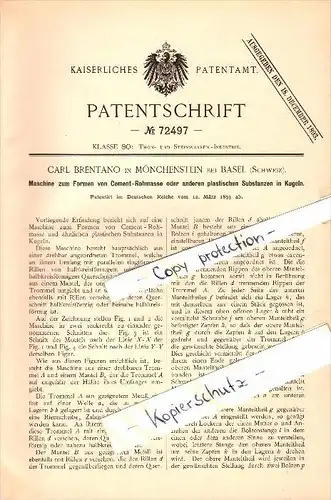 Original Patent - Carl Brentano in Münchenstein bei Basel , 1893 , Maschine zum Formen von Cement-Rohmasse !!!