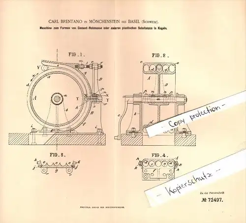 Original Patent - Carl Brentano in Münchenstein bei Basel , 1893 , Maschine zum Formen von Cement-Rohmasse !!!