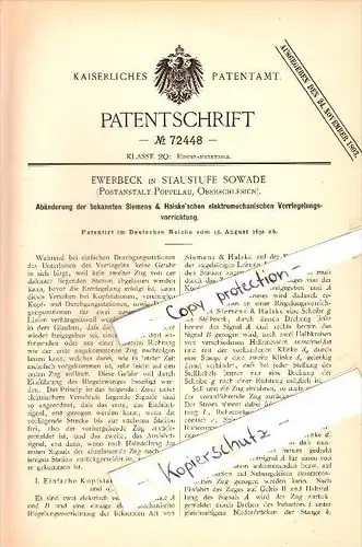 Original Patent - Ewerbeck in Staustufe Sowade , Post Poppelau , Oberschlesien , 1892, Eisenbahn - Verriegelung , Zawada