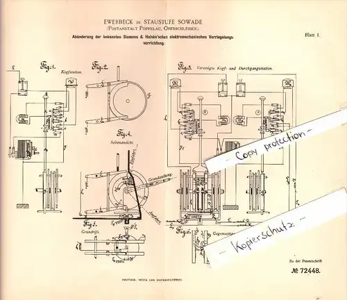 Original Patent - Ewerbeck in Staustufe Sowade , Post Poppelau , Oberschlesien , 1892, Eisenbahn - Verriegelung , Zawada