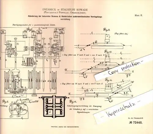 Original Patent - Ewerbeck in Staustufe Sowade , Post Poppelau , Oberschlesien , 1892, Eisenbahn - Verriegelung , Zawada