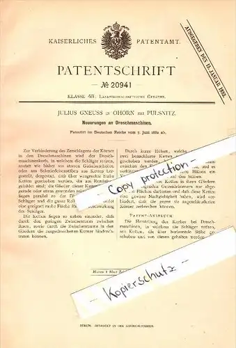Original Patent - Julius Gneuss in Ohorn b. Pulsnitz , 1882 , Dreschmaschine , Landwirtschaft !!!