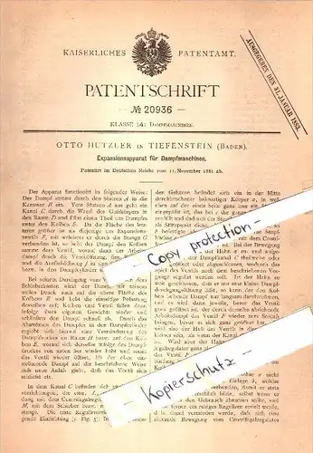 Original Patent - Otto Hutzler in Tiefenstein b. Görwihl , 1881 , Expansionsapparat für Dampfmaschinen !!!