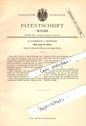 Original Patent - E. Domergue à Besseges , 1882 , Moyens au phylloxéra , agriculture !!!