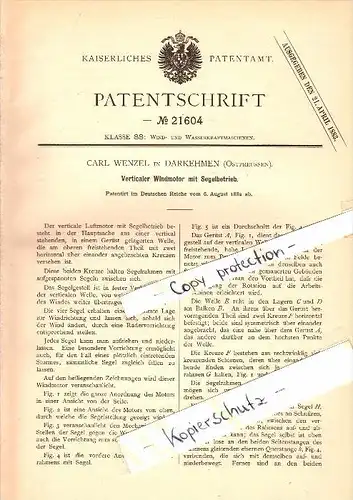 Original Patent - Carl Wenzel in Darkehmen , Ostpreussen , 1882 , Windmotor mit Segelbetrieb , Osjorsk !!!
