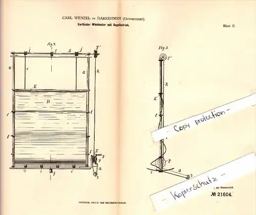 Original Patent - Carl Wenzel in Darkehmen , Ostpreussen , 1882 , Windmotor mit Segelbetrieb , Osjorsk !!!