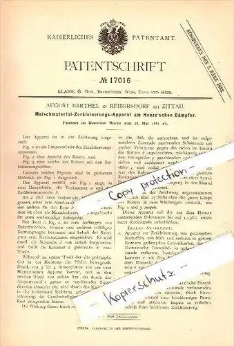 Original Patent - August Barthel in Reibersdorf / Rybarzowice b. Zittau ,1881, Maische-Zerkleinerungs-Apparat , Brauerei