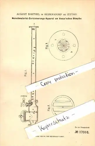 Original Patent - August Barthel in Reibersdorf / Rybarzowice b. Zittau ,1881, Maische-Zerkleinerungs-Apparat , Brauerei