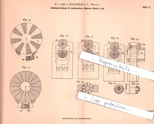 Original Patent - E. v. Jan in Kirchheim unter Teck , Württ. , 1901 , Antriebsvorrichtung für Lochmaschinen !!!