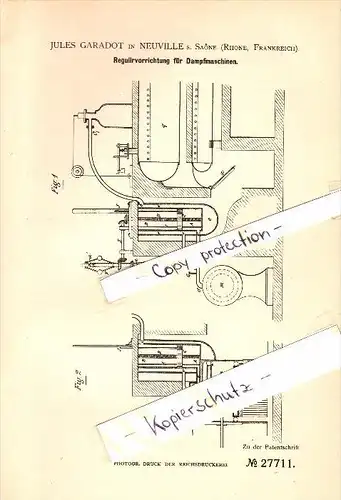 Original Patent - Jules Garadot à Neuville-sur-Saone , 1883 , Règlement pour les moteurs à vapeur  !!!