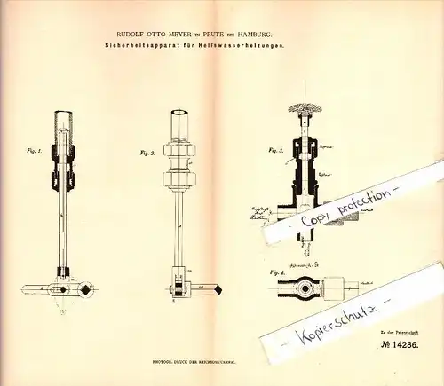 Original Patent - R.O. Meyer in Peute b. Hamburg , 1880 , Sicherheitsapparat für Heizung , Heizungsbau , Veddel !!!