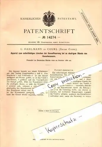 Original Patent - C. Dahlmann in Zeche Courl b. Dortmund / Kurl , 1880, Apparat zum Löschen der Kesselfeuerung , Bergbau