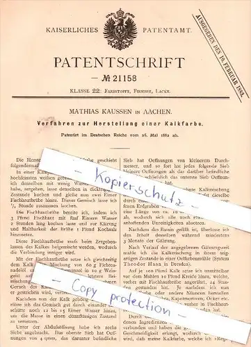 Original Patent - Mathias Kaussen in Aachen , 1882 , Herstellung einer Kalkfarbe !!!