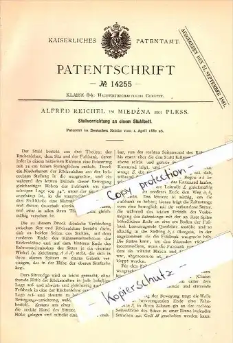 Original Patent - Alfred Reichel in Miedzna b. Pless / Pszczyna , 1880 , Vorrichtung für Stuhlbett , Möbel !!!