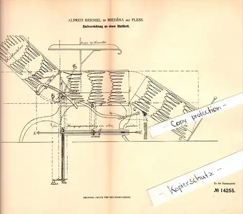 Original Patent - Alfred Reichel in Miedzna b. Pless / Pszczyna , 1880 , Vorrichtung für Stuhlbett , Möbel !!!