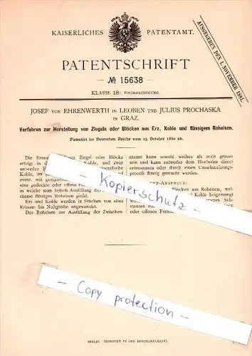 Original Patent - Josef von Ehenwerth in Leoben und Julius Prochaska in Graz , 1880 ,  !!!