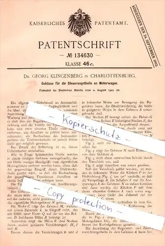Original Patent - Dr. Georg Klingenberg in Charlottenburg , 1901 , Gehäuse für Motorwagen , Automobile , Berlin !!!