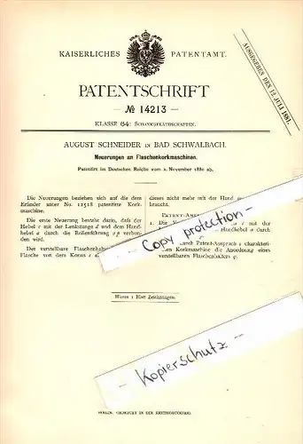 Original Patent - August Schneider in Bad Schwalbach , 1880 , Flaschenkorkmaschine !!!
