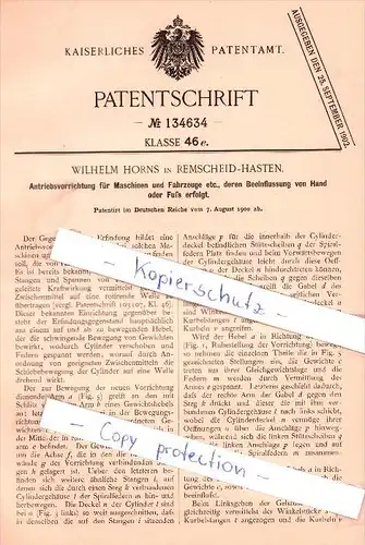 Original Patent - W. Horns in Remscheid-Hasten , 1900 ,  Antriebsvorrichtung für Maschinen  !!!