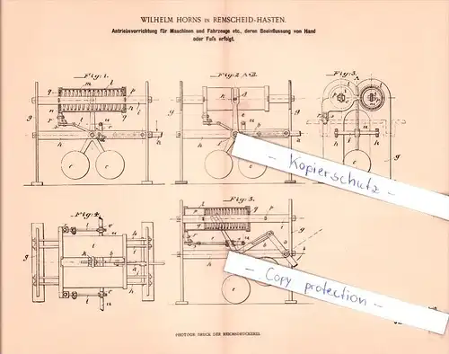 Original Patent - W. Horns in Remscheid-Hasten , 1900 ,  Antriebsvorrichtung für Maschinen  !!!