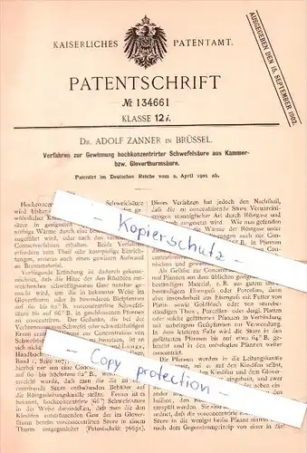 Original Patent - Dr. Adolf Zanner in Brüssel , 1901 , Gewinnung von Schwefelsäure , Bruxelles !!!