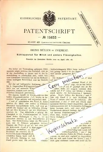 Original Patent - Bruno Müller in Zwenkau , 1881 , Kühlapparat für Milch !!!