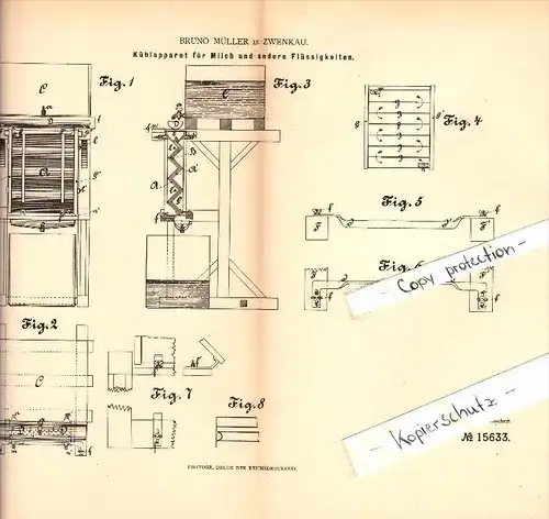 Original Patent - Bruno Müller in Zwenkau , 1881 , Kühlapparat für Milch !!!