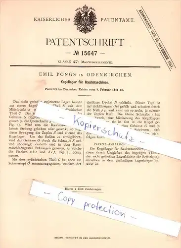 Original Patent -  Emil Pongs in Odenkirchen , 1881 , Kugellager für Rauhmaschinen , Mönchengladbach !!!