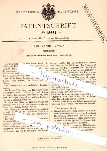 Original Patent - Jean Coutris in Wien , 1881 , Kammbürste !!!