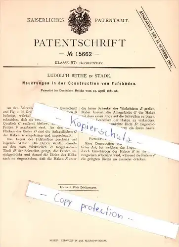 Original Patent - Ludolph Bethe in Stade , 1881 , Construktion von Fußböden !!!