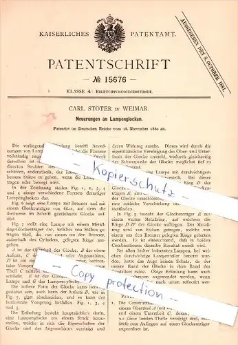 Original Patent - Carl Stöter in Weimar , 1880 , Neuerungen an Lampenglocken !!!