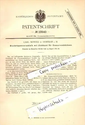 Original Patent - Carl Mowitz in Bad Doberan i. Mecklenburg , 1882 , Blechrippenverschluß für Conservenbüchsen !!!