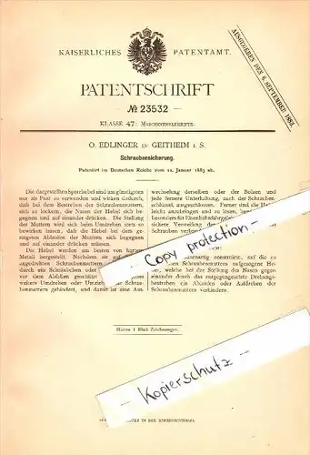 Original Patent - O. Edlinger in Geithain i. Sachsen , 1883 , Schraubensicherung , Maschinenbau !!!