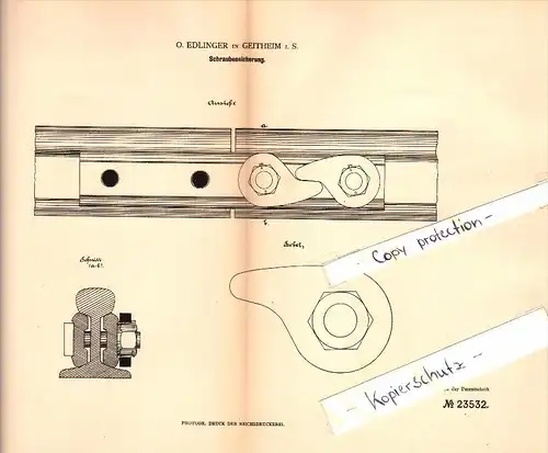 Original Patent - O. Edlinger in Geithain i. Sachsen , 1883 , Schraubensicherung , Maschinenbau !!!