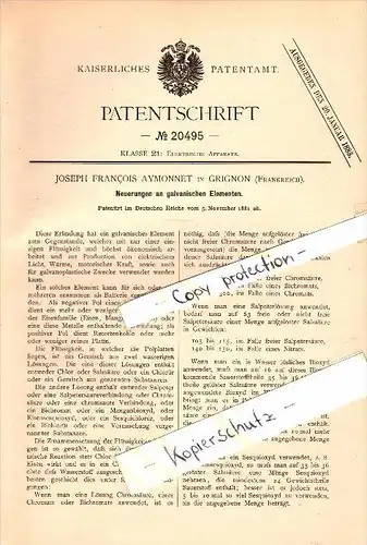 Original Patent - Joseph Francois Aymonnet à Grignon , 1881 , cellules galvaniques , chimie !!!