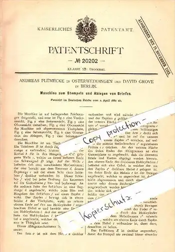 Original Patent - Andreas Plümecke in Osterweddingen b. Sülzetal ,1882, Maschine zum Stempeln von Briefen , Post , Brief