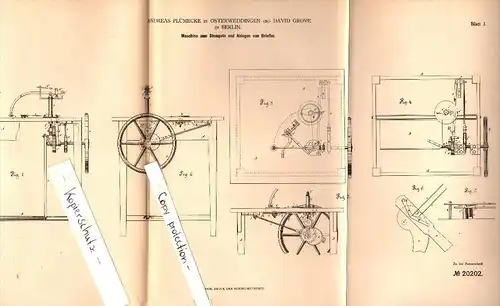 Original Patent - Andreas Plümecke in Osterweddingen b. Sülzetal ,1882, Maschine zum Stempeln von Briefen , Post , Brief