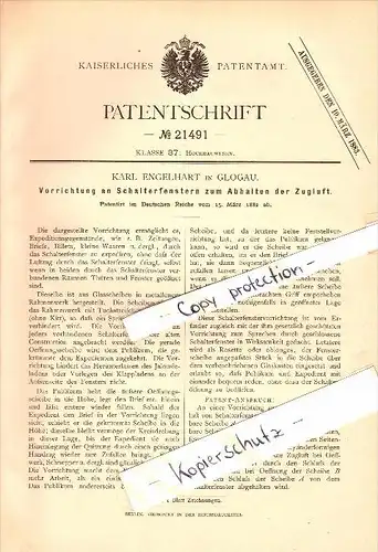 Original Patent - Karl Engelhart in Glogau / Glogow , 1882 , Zugluftvermeidung an Schalterfenstern , Eisenbahn , Post !!