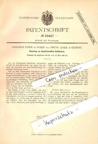 Original Patent - Oscar Linke in Glogau / Glogow und Posen , 1882 , Knopfkrawatten-Schlösser , Krawatte !!!