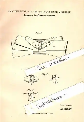 Original Patent - Oscar Linke in Glogau / Glogow und Posen , 1882 , Knopfkrawatten-Schlösser , Krawatte !!!