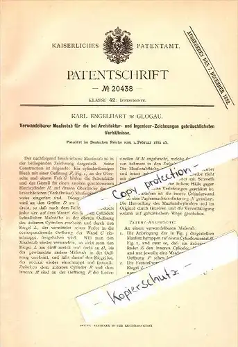 Original Patent - Karl Engelhart in Glogau / Glogów , 1882 , Maßstab für Architektur und Ingenieur-Zeichnungen !!!
