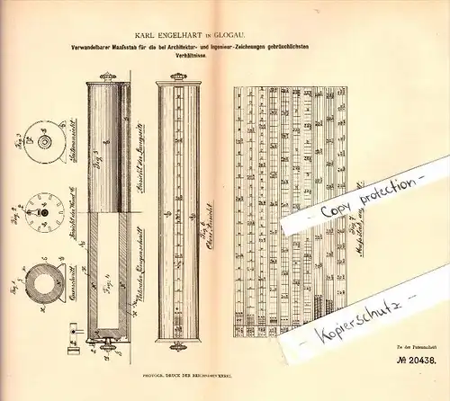 Original Patent - Karl Engelhart in Glogau / Glogów , 1882 , Maßstab für Architektur und Ingenieur-Zeichnungen !!!