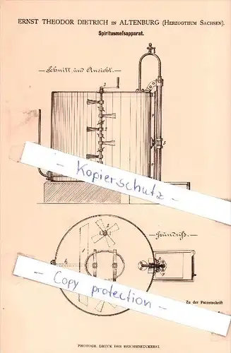 Original Patent - E. T. Dietrich in Altenburg , Herzogtum Sachsen , 1881 , Spiritusmeßapparat !!!