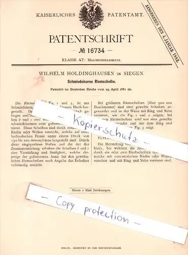 Original Patent - Wilhelm Holdinghausen in Siegen , 1881 , Schmiedeiserne Riemscheibe !!!