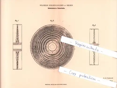 Original Patent - Wilhelm Holdinghausen in Siegen , 1881 , Schmiedeiserne Riemscheibe !!!