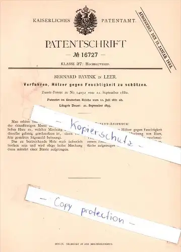 Original Patent - B. Bavink in Leer , 1880 , Verfahren, Hölzer gegen Feuchtigkeit zu schützen !!!