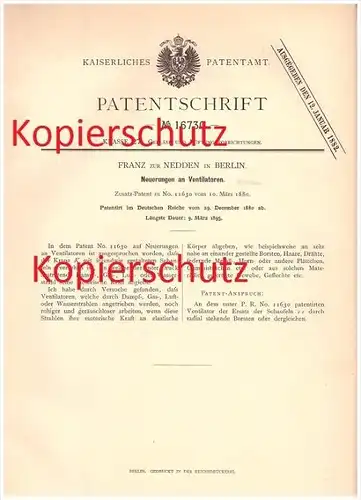 Original Patent -  Franz zur Nedden in Berlin , 1880 , Neuerungen an Ventilatoren !!!